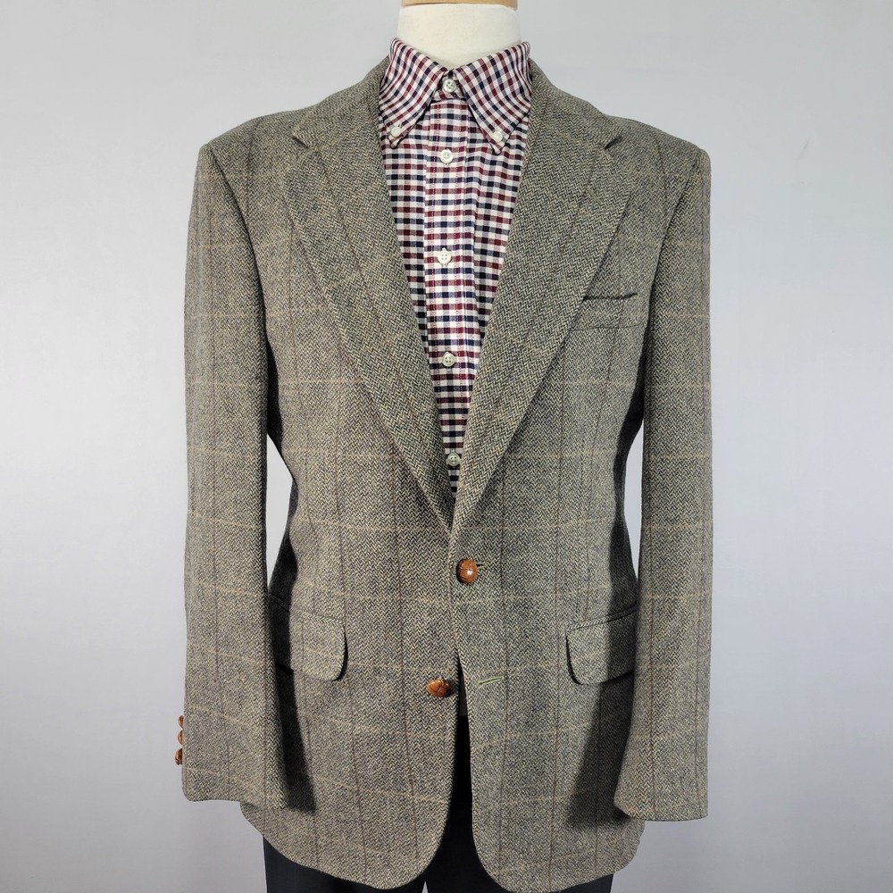 Men's Tweed Style Sport Coat Blazer Two Button Herringbone Plaid Wool Size 40R